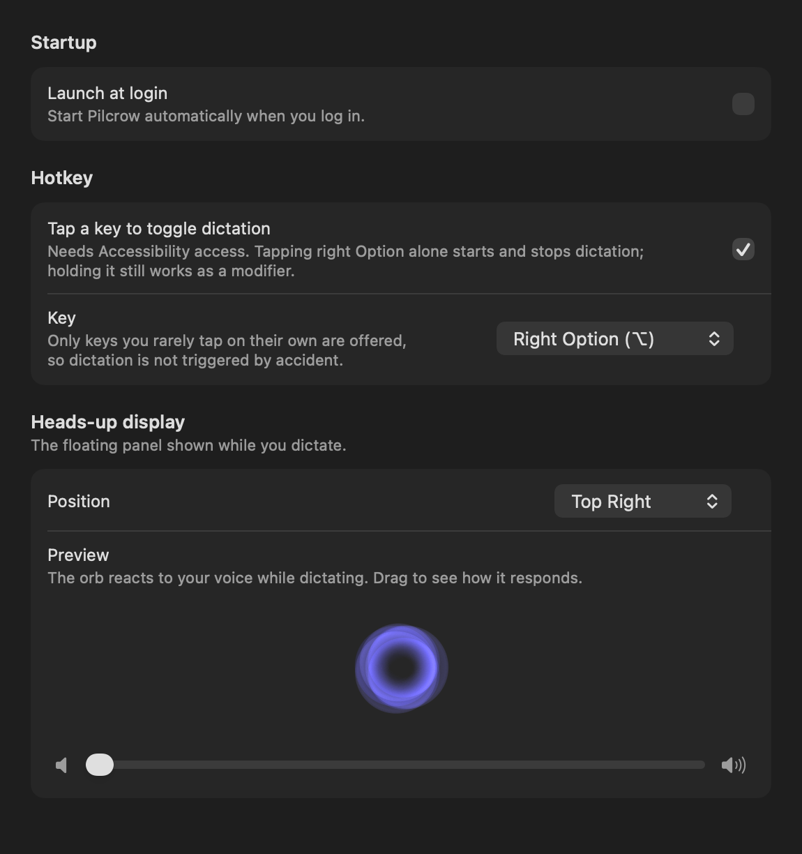 Pilcrow's General settings: launch at login, the hotkey toggle with a Key picker set to Right Option, and a heads-up display card holding both the position picker and a live orb preview driven by a level slider.