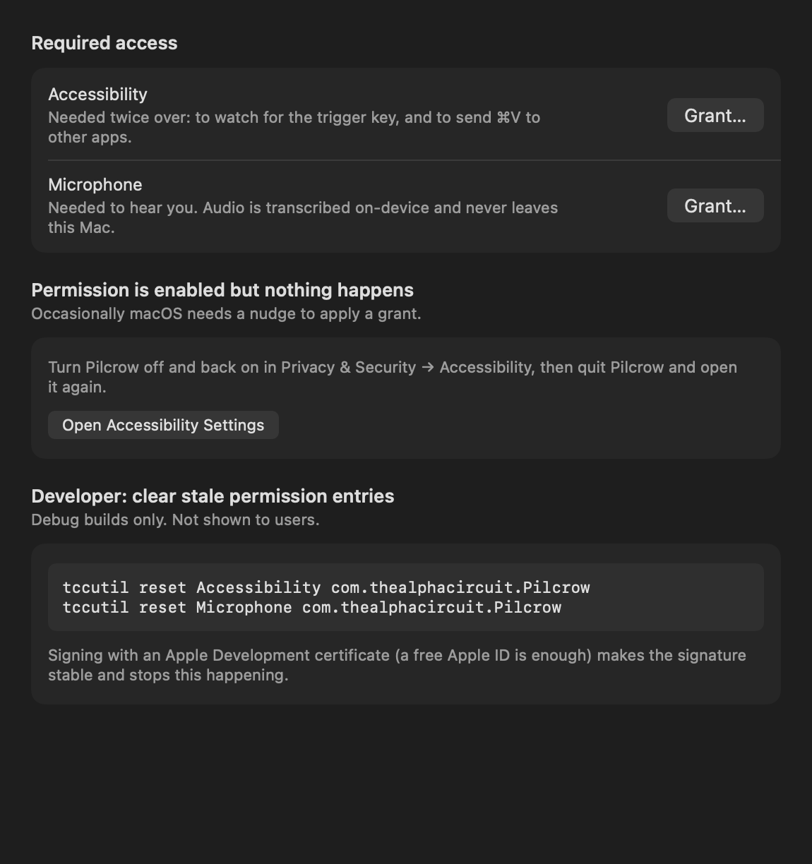 The two permissions and their current state.